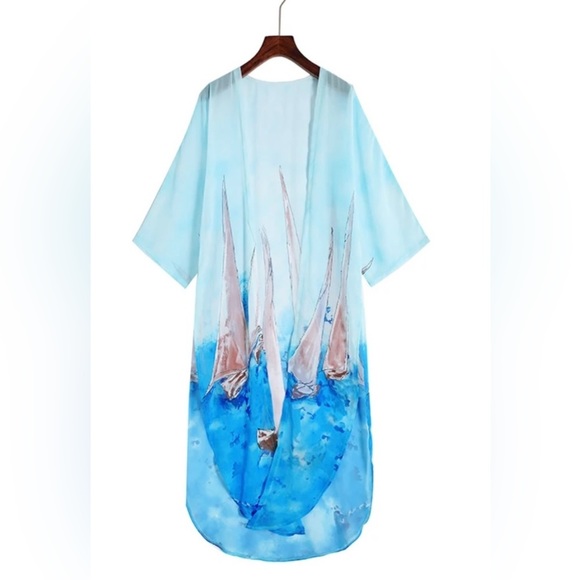 Luxury Sailboat Two-Piece Chiffon Set Kimono & Pants - Picture 3 of 8